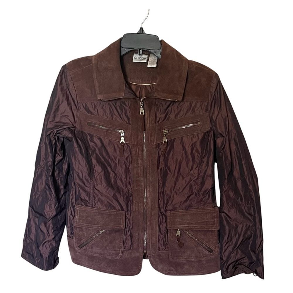 Chico's Metallic Brown Nylon and Leather Jacket Zip Front Jacket Size 1/Medium